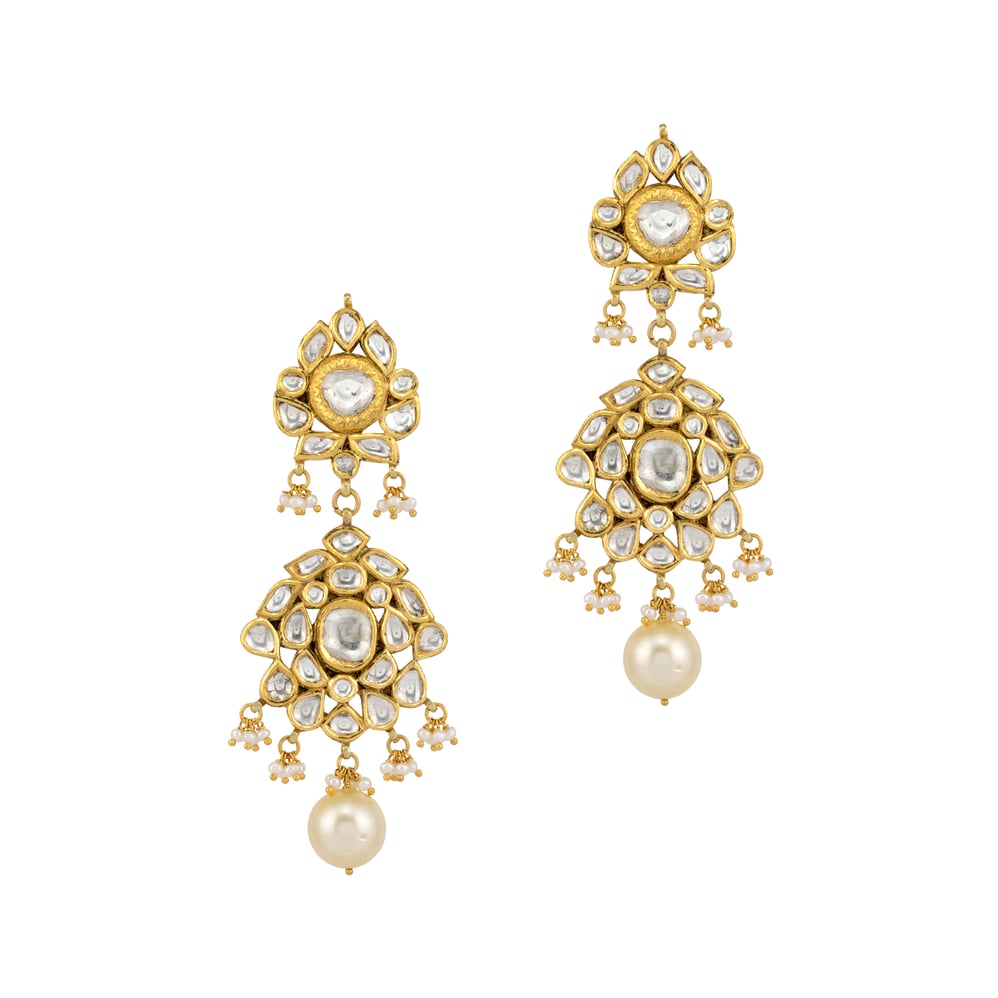 Floral Polki Earrings with Emerald Maniya and Pearl Beads